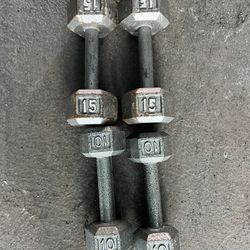 10 And 15 Pound Dumbbells, Hex 