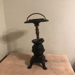 Vintage Cast Iron Pot Belly Stove Smoking Stand With Original Amber Ashtray 