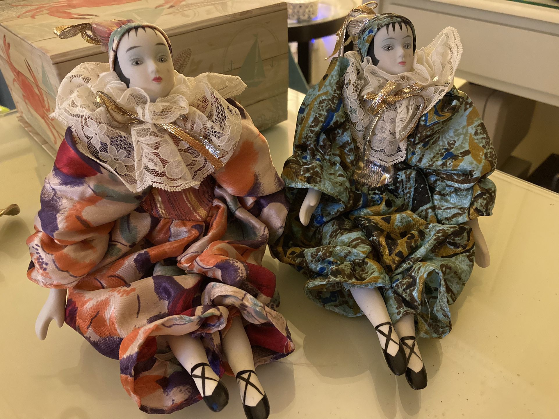 Vintage Pierrot Porcelain 1980s Harlequin Clown Dolls Pair