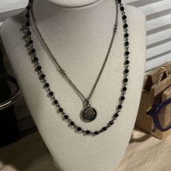 Indian Head, Lucky Brand Silver Necklace 16” &  Black Spinel Rondelle Bead Statement Necklace 19”.   Buy both for $30 and Save!  