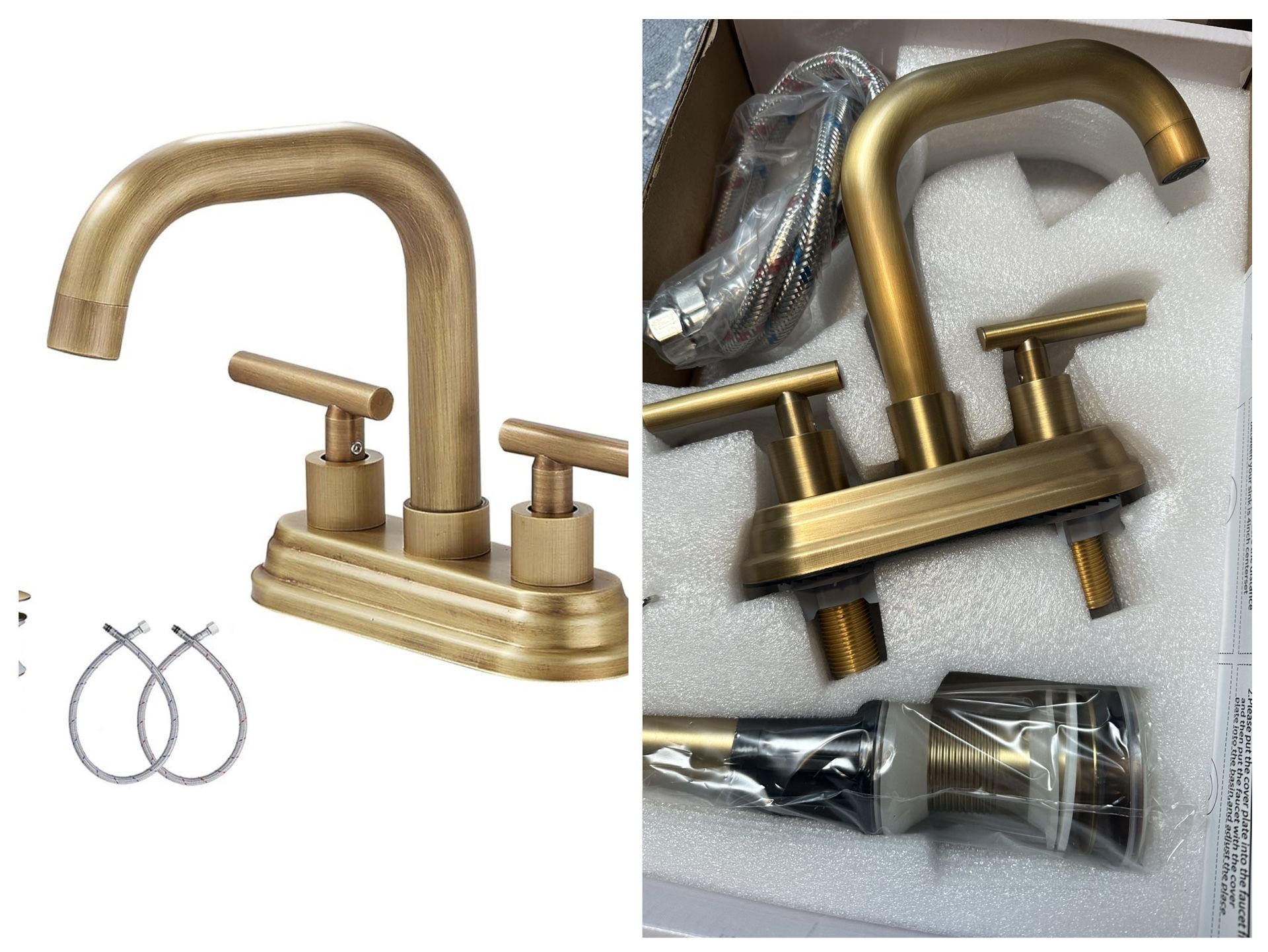 Bathroom Vanity Faucet 2-Handles 4 Inches Centerset High Arc Spout Antique Brass with Drain Assembly and Supply Hose Lavatory Faucet Mixer Deck Mounte