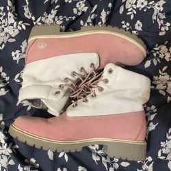 Pink and White Timberlands