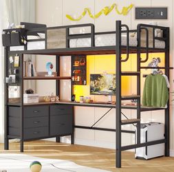 Twin/ Full  Loft Bed with Desk and 5 Storage Drawers,with LED Lights and Charging Station, Metal Bunk Bed Frame with Ladder, Clothes Rail,Oak Gray