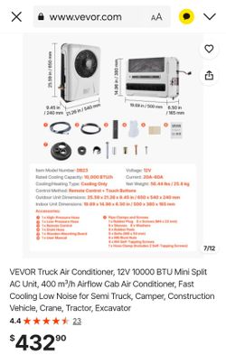 VEVOR Truck Air Conditioner, 12V 10000 BTU Mini Split AC Unit, 400 m³/h Airflow Cab Air Conditioner, Fast Cooling Low Noise for Semi Truck, Camper, Co
