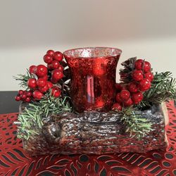 Votive Holder Nested in Pinecones, Berries, Artificial Log & Greens