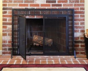 Achla Designs Sidelight Classic Fireplace Screen w/Doors, 39 Inch Long, Matte Black