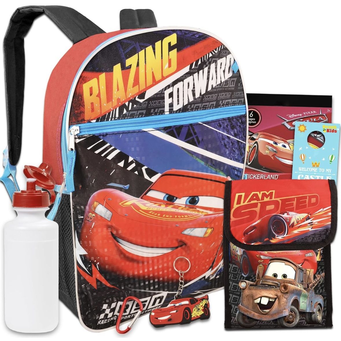NEW! Boys Disney Cars Lightning Mc Queen Backpack Bundle with 15" Cars School Bag Lunch Box, and More