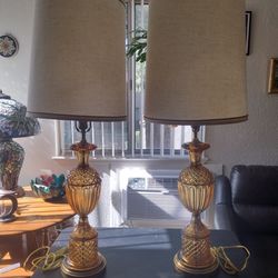 1940s French molded Amber cut-glass table lamps with gilt Brass bases (OBO)