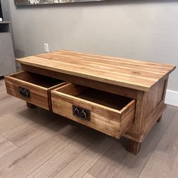 47 Inch Large Solid Wood Acacia Wood Coffee Table With 2 Double Sided Storage Drawers