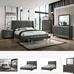 Giovani Gray Upholstered Panel Bedroom Set ( Queen, king, twin, full bedroom set - bed frame- tall dresser, nightstand and chest, mattress options