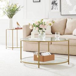 Round Side Table, Small Coffee Table, 2-Tier Tempered Glass End Table with Steel Frame, Bedside Table, with Open Storage Shelf, Modern St