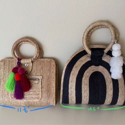 Straw Pom Pom Tote Bag