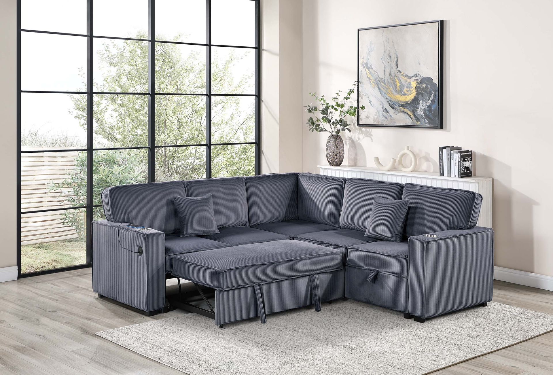 New! Dark Grey Sectional Sofa Bed, Sofabed, Sectional Aofa With Pull-out Bed, Corduroy Sectional, Sofas, Couch, Sleeper Sofa, Plush Sectional With USB