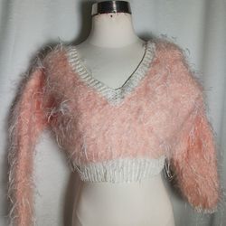Vintage Retro Pullover Sweater Cropped Fringe Long Sleeve Glittery Pink Size S