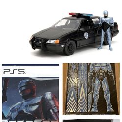 Robocop Collection Jada Diecast, NECA Robocop, PS5 Robocop Rogue City and Mondo metallic poster from San Diego Comic-Con. All are new NECA Figure has 