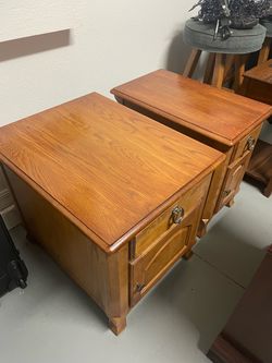 Pair of Oak Wood Nightstands with Drawer and Cabinet