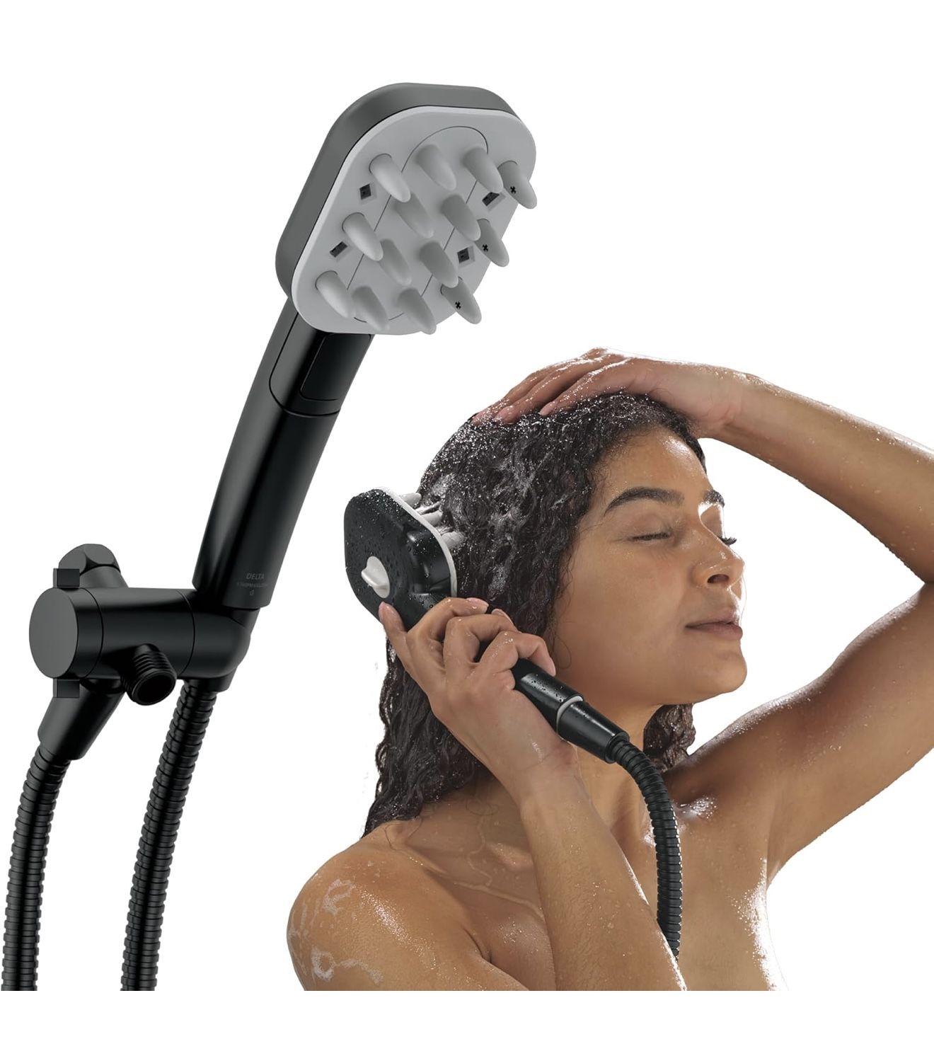 Delta VersaCurl Detangling Handheld Shower Head Tool for Curly Hair with 3 Curl Defining Brush Inserts Included, Detangler Brush Hand Shower with Hose