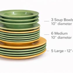 Incomplete Green & Yellow Ceramic Dinnerware Set (14-Pieces 12” & 10”)
