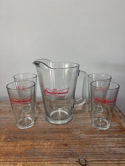Vintage 1980s Budweiser Beer Pitcher and 4 Pint Glasses Set Crisa Pebbled Base