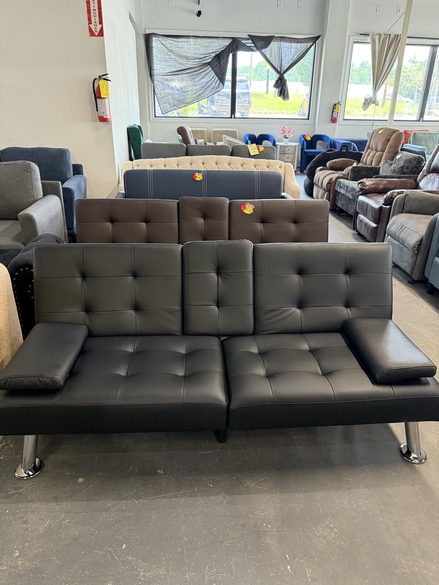 Faux Leather Upholstered Convertible Futon Sofa Bed for Compact Living Space, Apartment, Dorm(Black) 💰100 Warehouse Address: 2745 Boone st Columb