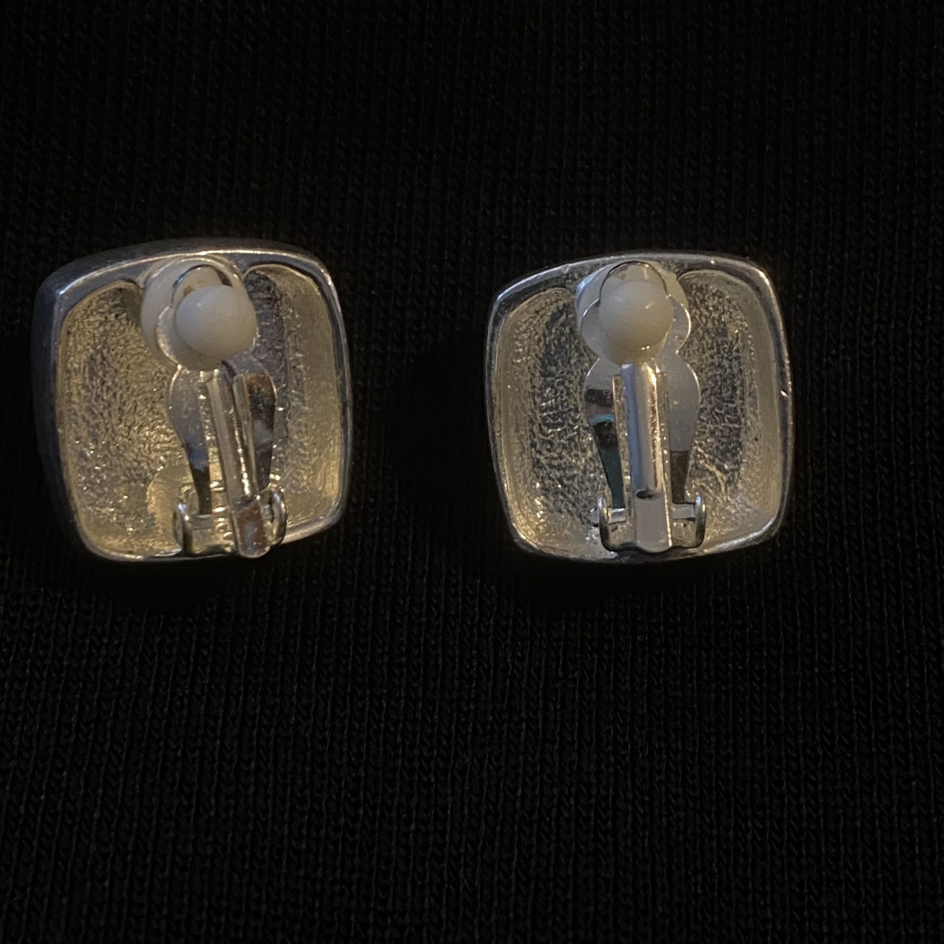 Sliver Tone Earrings Black Faux Stone Clip On