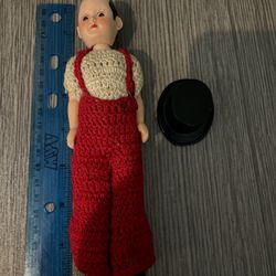 Vintage Doll in Handcrafted Red Overalls - Classic Toy Nostalgia Series