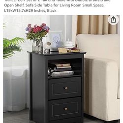 （NEW）Set of 2 Tall End Table with Double Drawers and Open Shelf, Sofa Side Table for Living Room Small Space, L19xW15.7xH29 Inches, Black