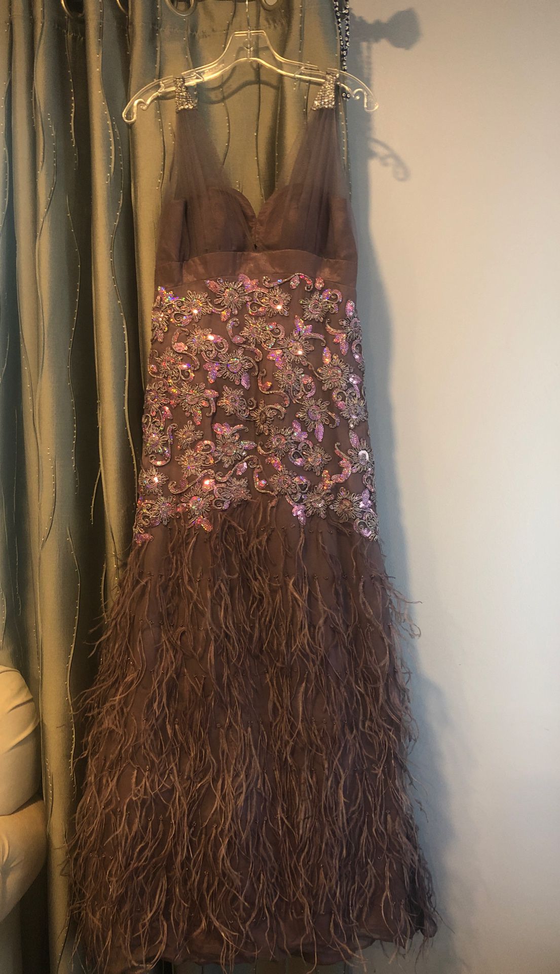 Purple feathered dress size 8