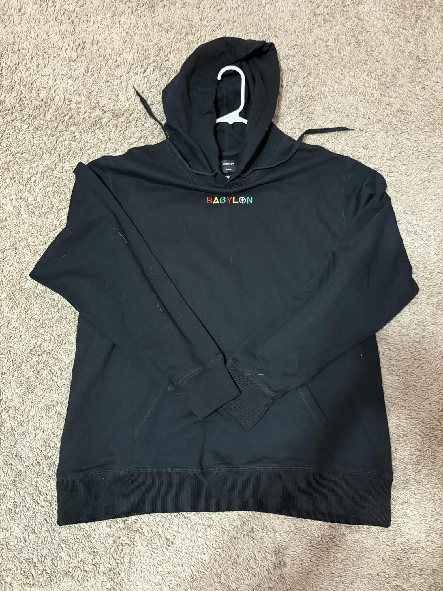 Black Babylon hoodie with multi-coloured logo