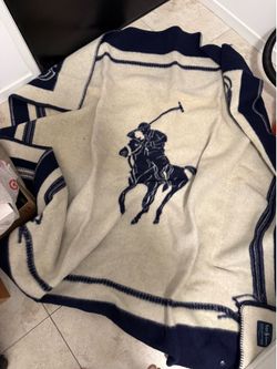 VINTAGE BLUE AND OFF WHITE RALPH LAUREN POLO WOOL BLANKET