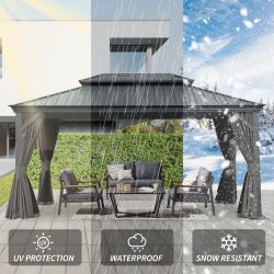 12' X 16' Hardtop Gazebo, Upgraded Metal Gazebo with Drainage System, Dual-Layer Galvanized Steel Roof, Curtain and Netting, Outdoor Shelter Canopy fo