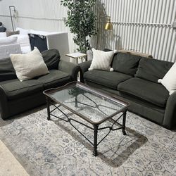 Room & Board Sofa Loveseat Set - Olive Green - Cleaned - Deep - Comfy - 2pcs - Delivery Available 