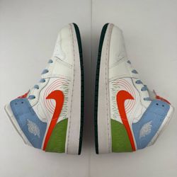 Pre Owned Good No Box Jordan 1 Mid SE GS Stitch Navy Light Blue Green Orange DX2462-100 Kids Size 6.5Y