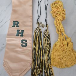 Gold Graduation Stole w/ Green RHS, 2 Honor Cords & 2 Tassels w/ 08, 09 years