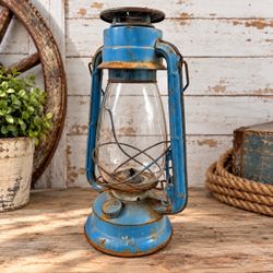 Vintage Mid-Century Winged Wheel No 500 Blue Hurricane Lantern Made in Japan 12"