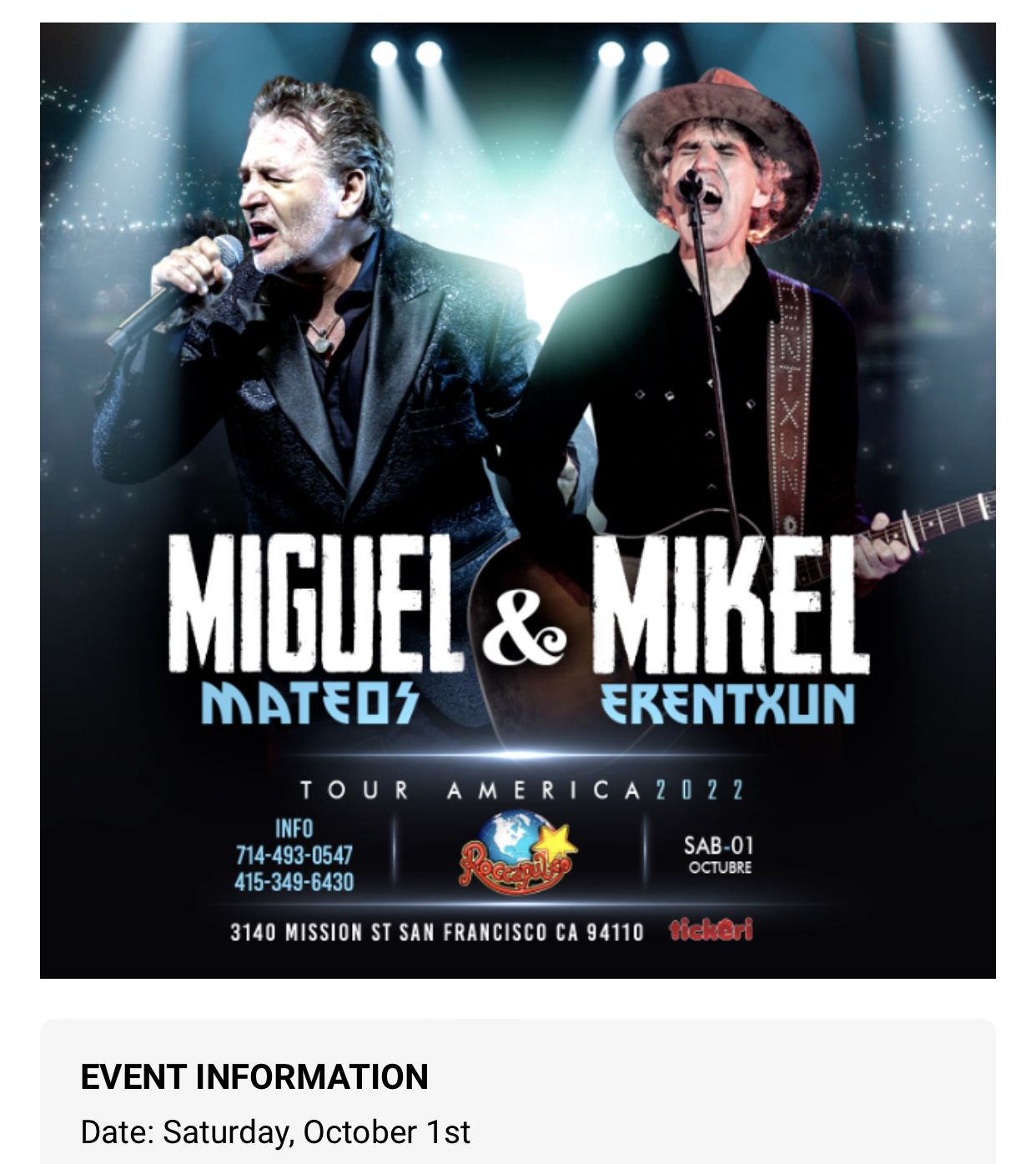 3 Tickets For Miguel Mateos & Mikel Concert For $40.