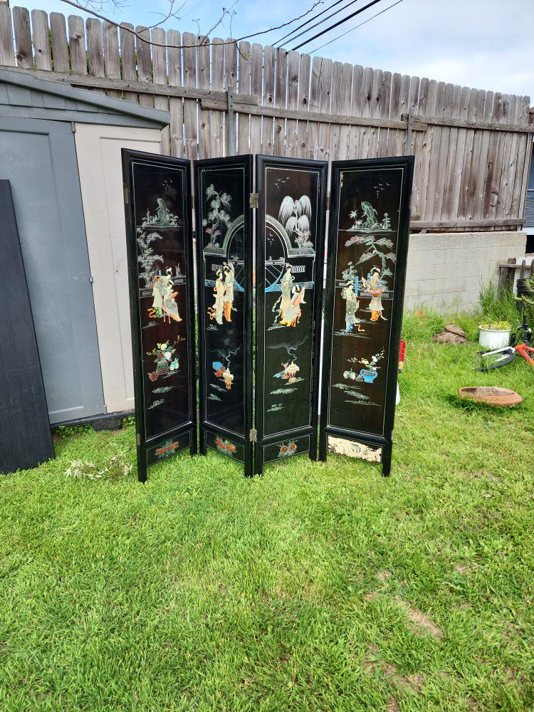 Vintage Asian Geisha Black Lacquer Room Divider, Dual Sided 3D Carved Stone And Painted