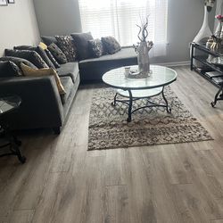 Modern Living Room Set – Sectional Couch + Glass Tables + Rug + TV Stand