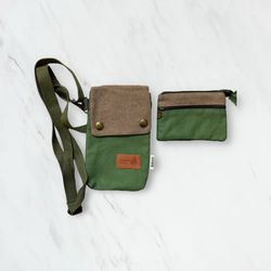 New Green / Tan   Canvas -Cotton Crossbody/Coin Wallet 2 Piece Matching Bags Set