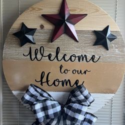 Welcome Sign.  Large Round Wood.  Then There Is Bow, Premium Vinyl And Stars