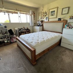 Queen Size Bed Frame Wood With Studded Upholstered Head Board 