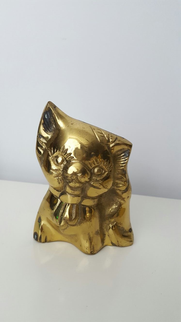 Kitty Cat Gold Tone Metal Coin Bank Brass vintage rare unique