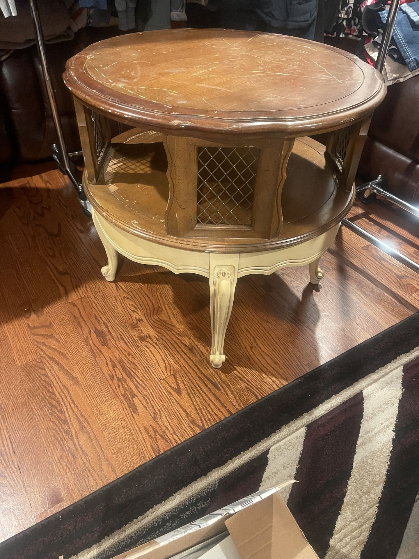 Mid 20th Century Hardwood, Brass Mesh & Leather French Round Accent Table