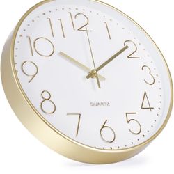 Wall Clock 12 Inch Non-Ticking Silent Modern Simple Style Round Decor Clock Gold Stereoscopic Dial Quartz Wall Clocks for Home/Office/School/Living Ro