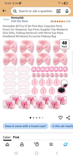 48 Pcs/ 8 Set Pink Bow Coquette Party Favors for Sleepover Spa Party Supplies Trip Weekend Girls Gifts, Folding Hairbrush with Mirror Eye Mask Headban