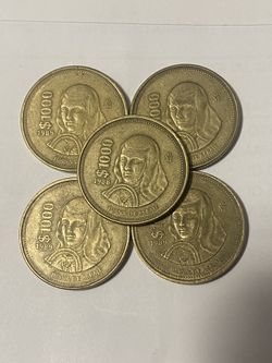 Tengo cinco monedas antiguas de colección de 1000 pesos  pido $45 por las cinco monedas; el precio es firme.