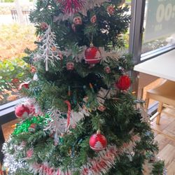 Christmas Tree Metallic And Gun Lights In It And Everything Ready To Install Seven Foot High With Lights And Decoration