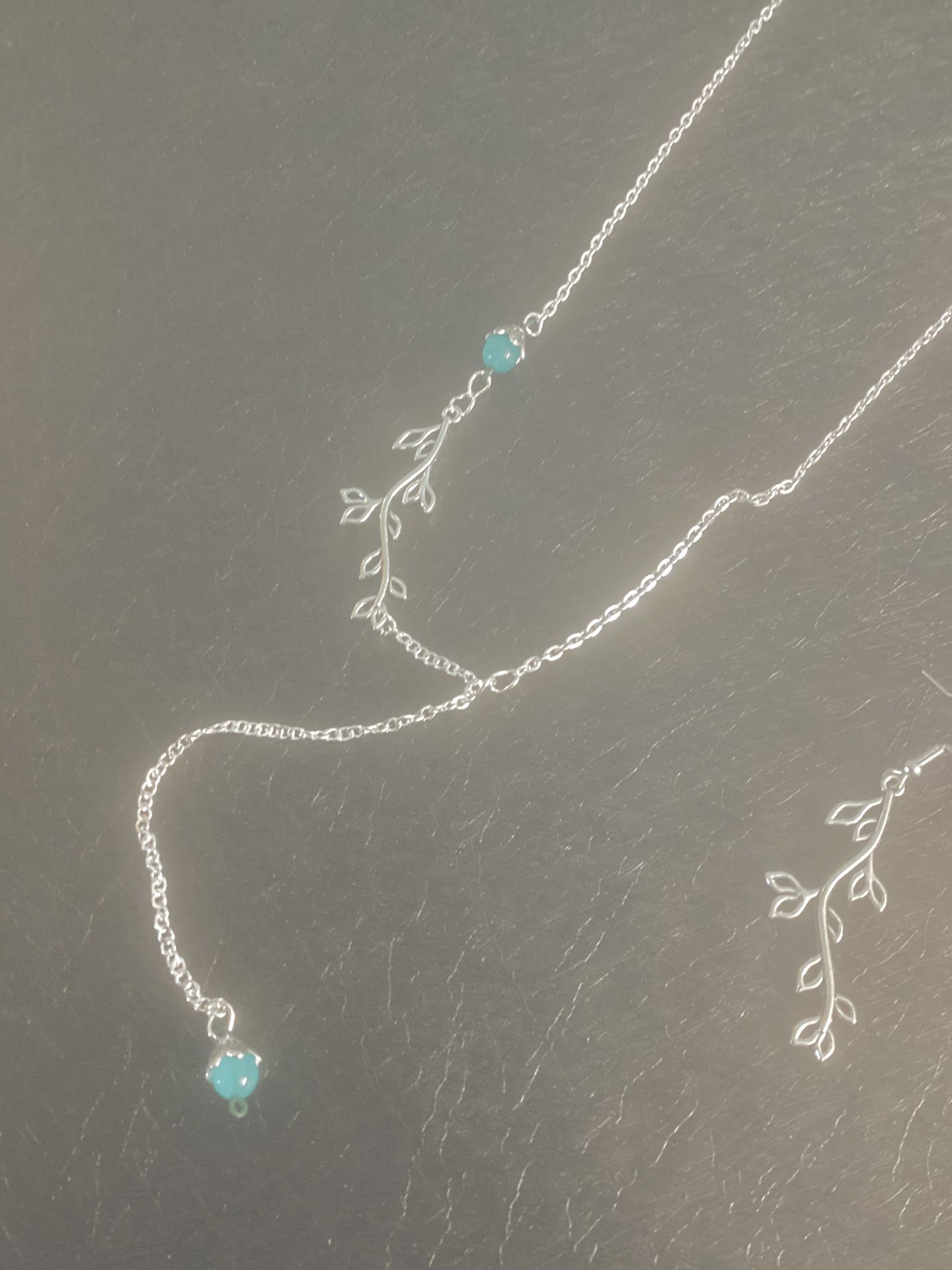 Silver Adjustable Chain With Turquoise Flowers And Earrings Set