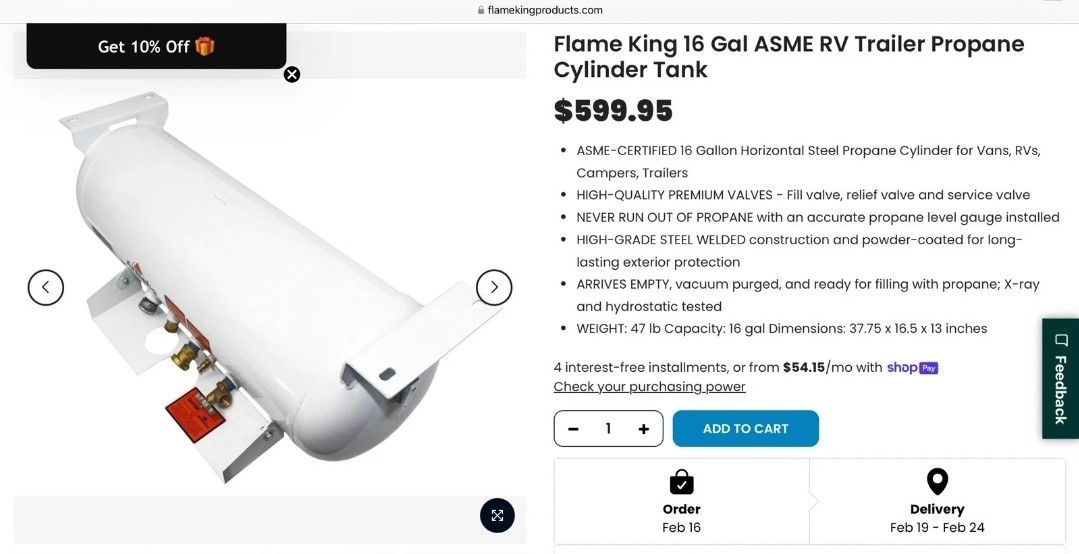 Flame King 16 Gal ASME RV Trailer Propane Cylinder Tank