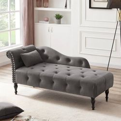 60" Gray Velvet Multifunctional Storage Chaise Lounge Buttons Tufted Nailhead Trimmed Solid Wood Legs with 1 Pillow [NEW]